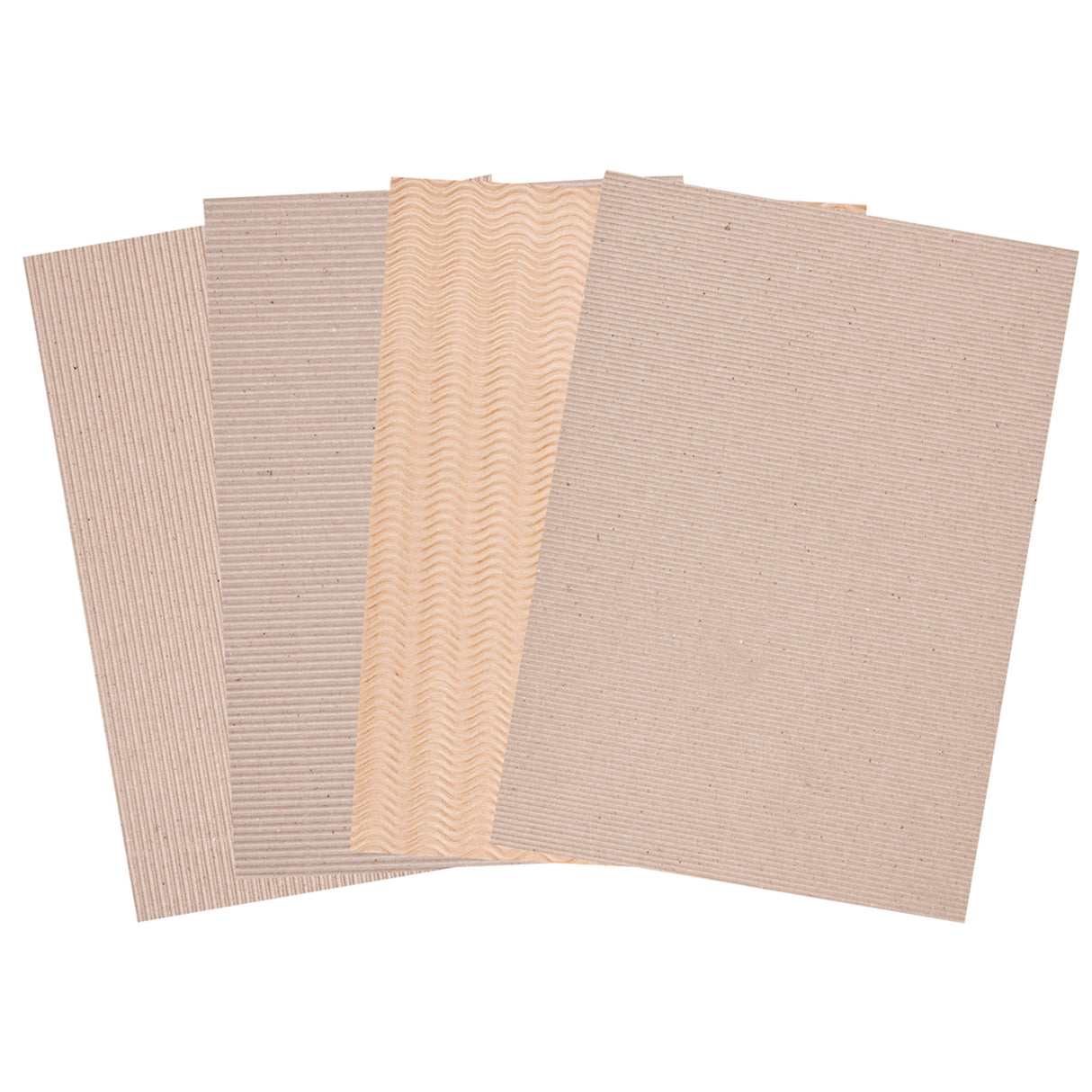 Four sheets of brown corrugated cardboard fan out against a white background, each showing a different ridged texture including fine lines, wide ribs and a wavy pattern. Natural kraft tones and subtle speckles highlight the surface variations and tactile qualities.