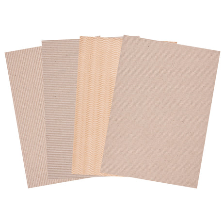 Four sheets of brown corrugated cardboard fan out against a white background, each showing a different ridged texture including fine lines, wide ribs and a wavy pattern. Natural kraft tones and subtle speckles highlight the surface variations and tactile qualities.