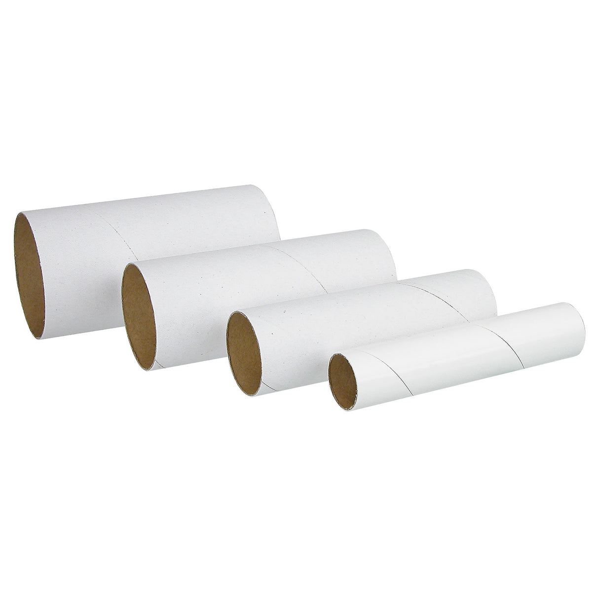 Four white cardboard tubes are displayed diagonally from largest to smallest against a light grey background. Each tube has a smooth white exterior with visible spiral seams and a brown cardboard interior. The varying diameters highlight the assorted sizing included in the CB260 cardboard tube pack.
