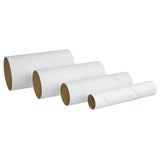 Four white cardboard tubes are displayed diagonally from largest to smallest against a light grey background. Each tube has a smooth white exterior with visible spiral seams and a brown cardboard interior. The varying diameters highlight the assorted sizing included in the CB260 cardboard tube pack.