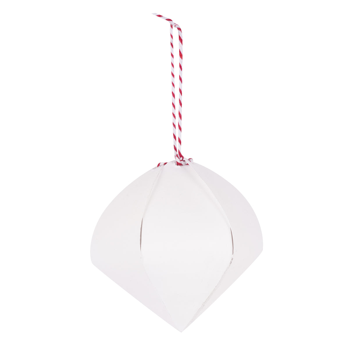 A plain white Zart Cardboard 3D Bauble in its unpainted, undecorated state, hung from a red and white twisted cord. The folded card forms a rounded diamond shape, ready for painting or decorating.