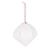 A plain white Zart Cardboard 3D Bauble in its unpainted, undecorated state, hung from a red and white twisted cord. The folded card forms a rounded diamond shape, ready for painting or decorating.