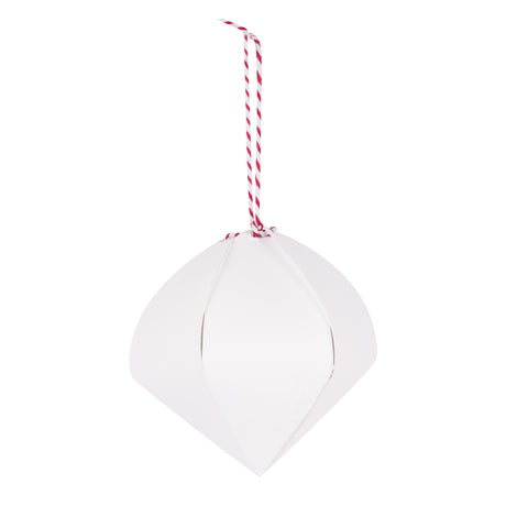 A plain white Zart Cardboard 3D Bauble in its unpainted, undecorated state, hung from a red and white twisted cord. The folded card forms a rounded diamond shape, ready for painting or decorating.