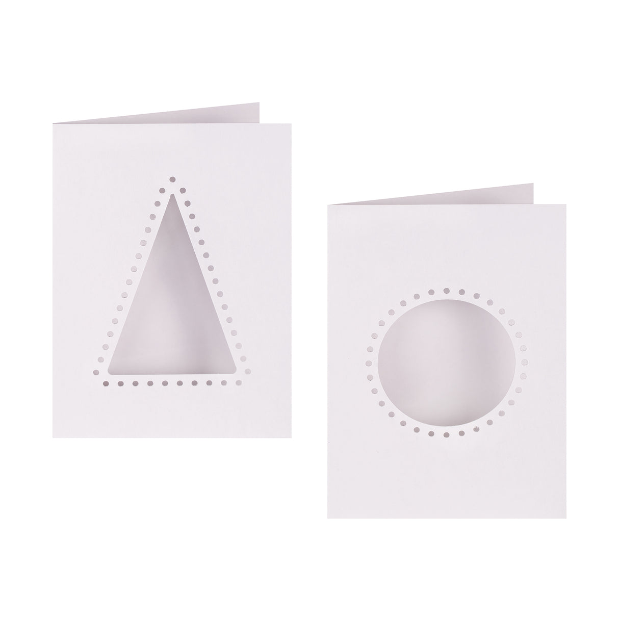 Two blank Zart Christmas Cut-out Threading Cards in white, each pre-punched with a dotted outline ready for threading — one in a triangle tree shape, the other a circle bauble shape. The plain card fronts show the punched holes clearly against the white background.