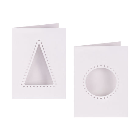 Two blank Zart Christmas Cut-out Threading Cards in white, each pre-punched with a dotted outline ready for threading — one in a triangle tree shape, the other a circle bauble shape. The plain card fronts show the punched holes clearly against the white background.