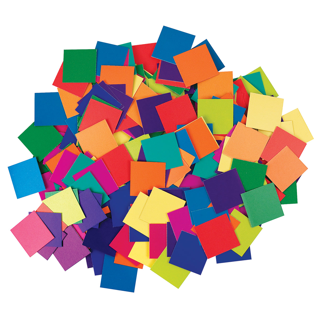 Cardboard Mosaic Squares 2cm Pack of 4000 shown as a loose pile of small square tiles in a rounded heap on a white background. A bright assorted mix of colours including blue, green, orange, red, purple, pink and yellow, showing the varied range and quantity included.