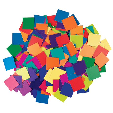 Cardboard Mosaic Squares 2cm Pack of 4000 shown as a loose pile of small square tiles in a rounded heap on a white background. A bright assorted mix of colours including blue, green, orange, red, purple, pink and yellow, showing the varied range and quantity included.