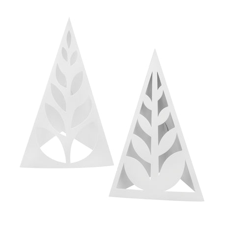 Two plain white 3D Zart Cardboard Trees, each folded into a standing cone shape with a die-cut leaf and branch pattern running vertically. The negative-space design creates an open, decorative silhouette, showing the blank cardboard ready for painting or collaging.