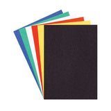 A fanned arrangement of coloured card sheets from the Zart Australian Flag Colours pack, showing a black sheet on top with blue, green, white, red and yellow sheets layered beneath and visible along the fanned edges. Each sheet has a smooth matte finish.