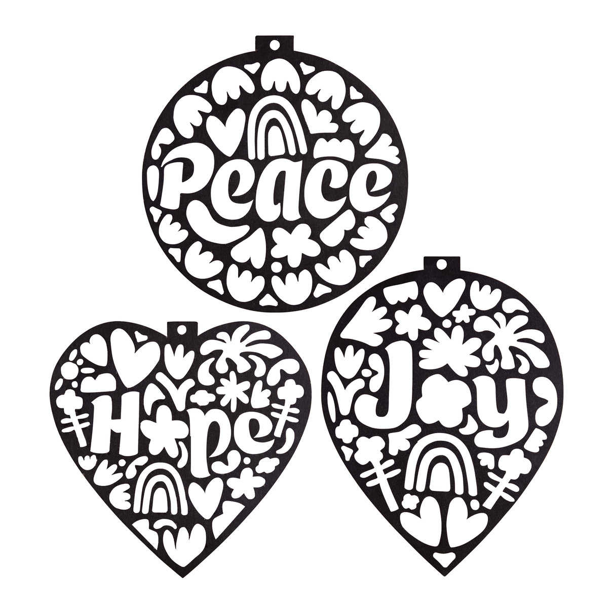 Three plain black stencil cut-outs from the Zart Stained Glass Wellbeing Baubles range, in circle and heart shapes reading "Peace", "Hope" and "Joy". Each design is intricately cut with hearts, flowers and rainbow motifs, showing the negative-space pattern ready for backing and colouring.
