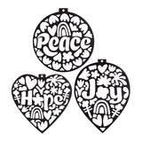 Three plain black stencil cut-outs from the Zart Stained Glass Wellbeing Baubles range, in circle and heart shapes reading "Peace", "Hope" and "Joy". Each design is intricately cut with hearts, flowers and rainbow motifs, showing the negative-space pattern ready for backing and colouring.