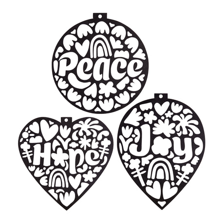 Three plain black stencil cut-outs from the Zart Stained Glass Wellbeing Baubles range, in circle and heart shapes reading "Peace", "Hope" and "Joy". Each design is intricately cut with hearts, flowers and rainbow motifs, showing the negative-space pattern ready for backing and colouring.