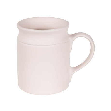 A plain Ceramic Mug Bisque Fired in a pale cream tone, unglazed and undecorated. The mug has a rounded loop handle and a subtly ridged band below the rim, showing the smooth bisque surface ready for underglaze decoration and firing.