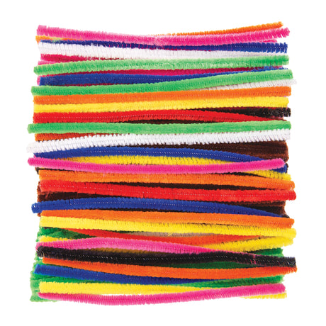Zart Basics chenille stems laid out in horizontal rows, showing the assorted colour range: pink, white, blue, green, orange, yellow, red, black, brown and purple. Each fuzzy pipe-cleaner stem is straight and evenly textured, with a fine wire visible along the soft chenille.