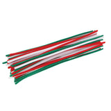 A scattered bundle of Zart Chenille Stems Christmas stems in red, green and white, each fuzzy stem shown in a fanned pile. The candy-cane colour combination and soft, bendable texture are visible across the loose lengths, showing the full range included in the pack.