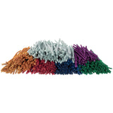 A mounded pile of Zart Basics Coloured Tinsel Stems in a range of metallic shades — gold, silver, red, blue, purple and green — each stem densely fringed with sparkly fibres. The heaped arrangement shows the full colour spread included in the pack of 500.