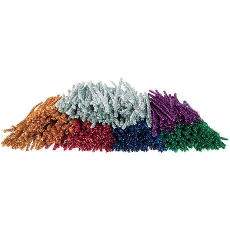 A mounded pile of Zart Basics Coloured Tinsel Stems in a range of metallic shades — gold, silver, red, blue, purple and green — each stem densely fringed with sparkly fibres. The heaped arrangement shows the full colour spread included in the pack of 500.