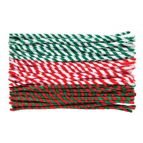 A bundle of Zart Chenille Stems Christmas Stripe stems, laid out in three colourways: green and white, red and white, and green and red. Each fuzzy stem features a candy-cane-style spiral pattern running its full length, with a soft, bendable texture ready for craft projects.