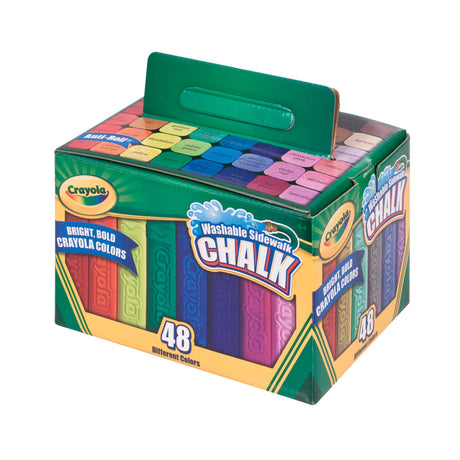 A green and yellow Crayola sidewalk chalk box with its lid flipped open, revealing rows of cone-tipped chalk ends in assorted bright and pastel colours. A green cardboard carry handle stands upright on top. The front panel shows an illustrated row of coloured chalk sticks.