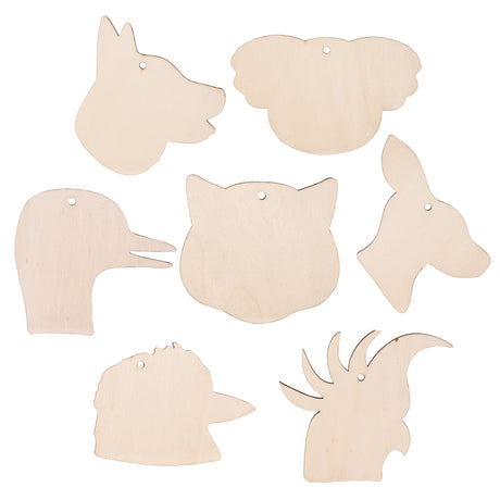 A set of plain Zart Wooden Australian Animal Hangers, laser-cut in natural ply and shaped as Australian animal head silhouettes — including a dog, koala, elephant-like face, cat, kangaroo, sheep and cockatoo. Each has a pre-drilled hole ready for hanging and decorating.