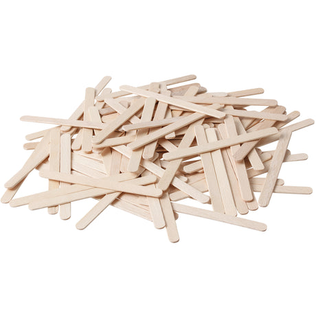 Large pile of natural wooden craft sticks scattered loosely on a white background, showing uniform paddle shapes with rounded ends. The sticks are light timber in colour with a smooth, unfinished surface, suitable for craft, construction and collage projects.