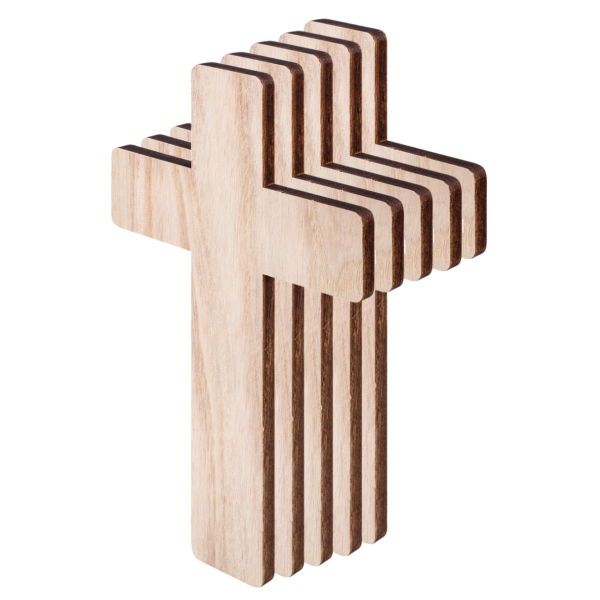 Stacked wooden cross shapes shown fanned to reveal thickness and layered edges. Smooth pale timber surfaces contrast with darker burnt edges. Rounded corners soften the form. Multiple identical pieces aligned, suggesting craft blanks ready for decorating, painting, or mosaic projects in classroom or studio use.
