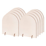 Two stacked rows of blank Zart Desktop Message Boards, arch-shaped wooden panels in a natural ply tone, each fitted with two small side legs for standing upright on a desk or shelf. The plain, undecorated surfaces and layered plywood edges show the board's ready-to-decorate finish.