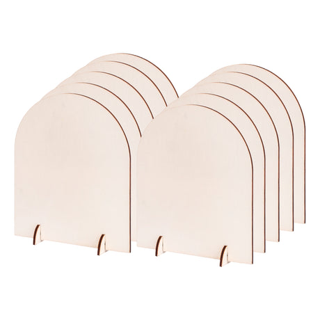 Two stacked rows of blank Zart Desktop Message Boards, arch-shaped wooden panels in a natural ply tone, each fitted with two small side legs for standing upright on a desk or shelf. The plain, undecorated surfaces and layered plywood edges show the board's ready-to-decorate finish.
