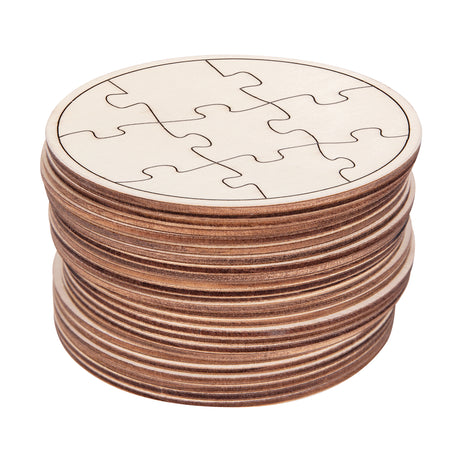A stacked pile of Zart Mini Jigsaw Round puzzles, plain wood-toned with a scored puzzle-piece pattern on top and layered plywood edges visible beneath. The uppermost puzzle sits face-up, showing the interlocking piece outlines ready for colouring or decorating.