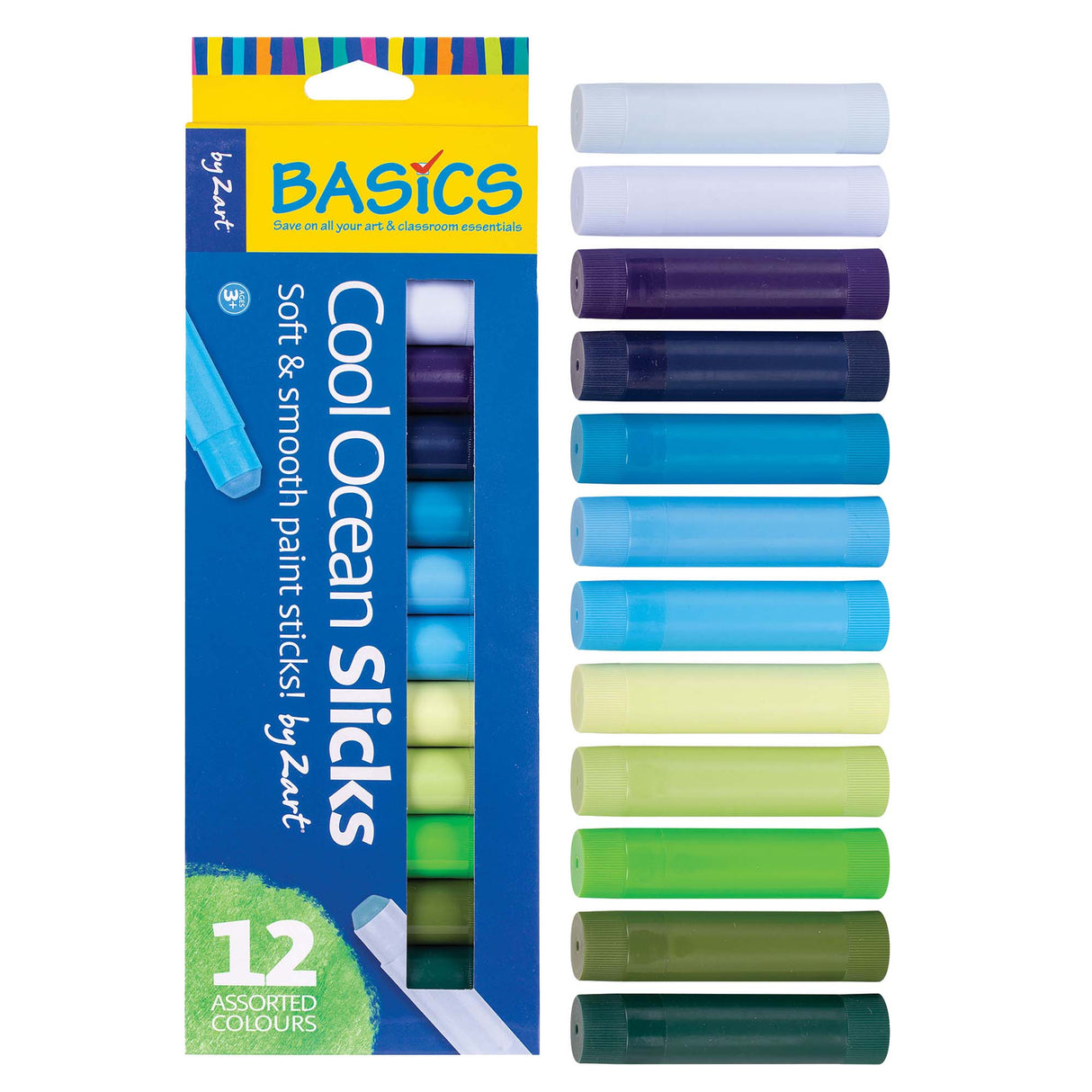 Boxed set of Cool Ocean Colour Slicks by Zart shown alongside all twelve paint sticks in a gradient from white and blues through to greens. Packaging highlights “12 assorted colours” and features the Basics by Zart.