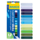 Boxed set of Cool Ocean Colour Slicks by Zart shown alongside all twelve paint sticks in a gradient from white and blues through to greens. Packaging highlights “12 assorted colours” and features the Basics by Zart.