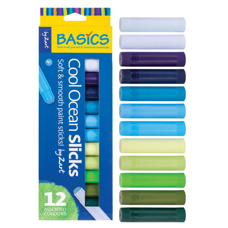 Boxed set of Cool Ocean Colour Slicks by Zart shown alongside all twelve paint sticks in a gradient from white and blues through to greens. Packaging highlights “12 assorted colours” and features the Basics by Zart.
