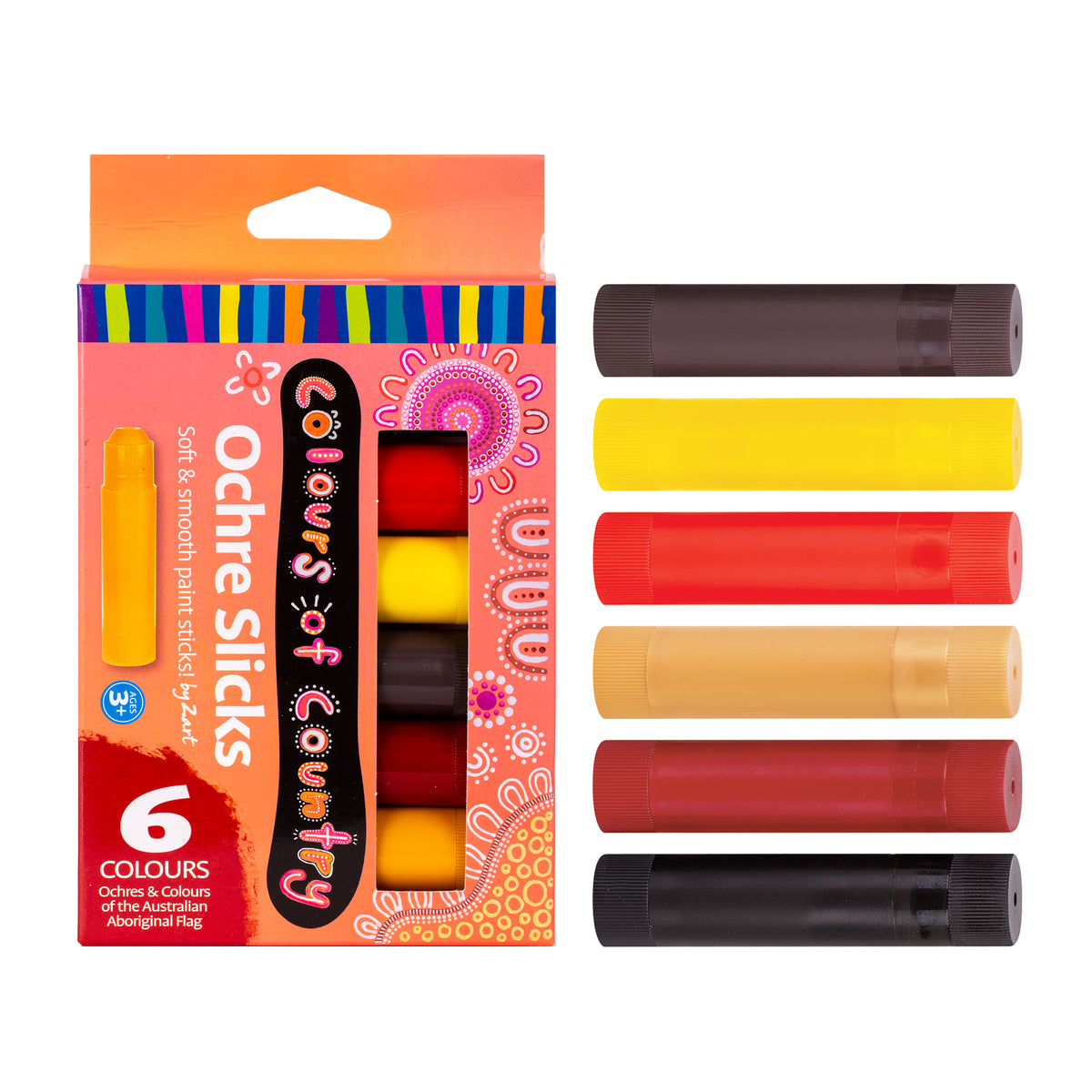 Zart Colours of Country Ochre Slicks packaging shown beside all six sticks laid flat, in dark brown, yellow, red, tan, dark red and black. The peach box has a rainbow-striped top band, dot-art lettering, a cut-out window revealing stacked colours inside, and a single yellow stick pictured at left.