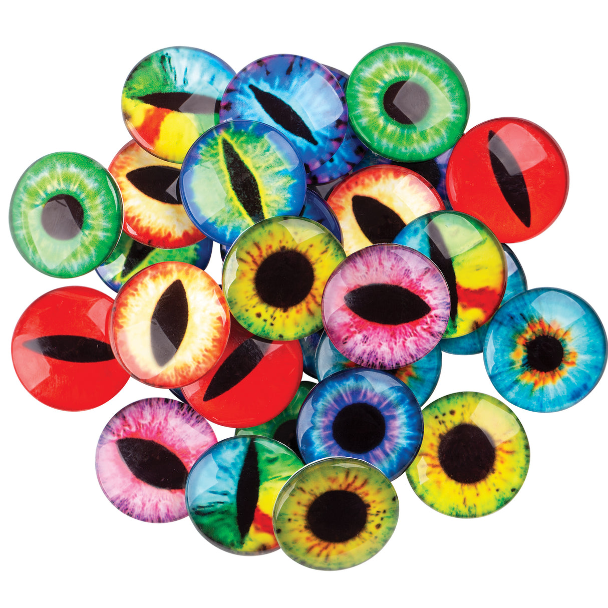 Collection of thirty glossy dome-shaped Creature Eyes in vibrant colours including green, blue, red, yellow, and pink. The decorative cabochons feature realistic reptile and animal eye designs with detailed iris patterns, vertical slit pupils, round pupils, and reflective surfaces creating a three-dimensional effect against a white background.