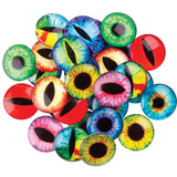 Collection of thirty glossy dome-shaped Creature Eyes in vibrant colours including green, blue, red, yellow, and pink. The decorative cabochons feature realistic reptile and animal eye designs with detailed iris patterns, vertical slit pupils, round pupils, and reflective surfaces creating a three-dimensional effect against a white background.