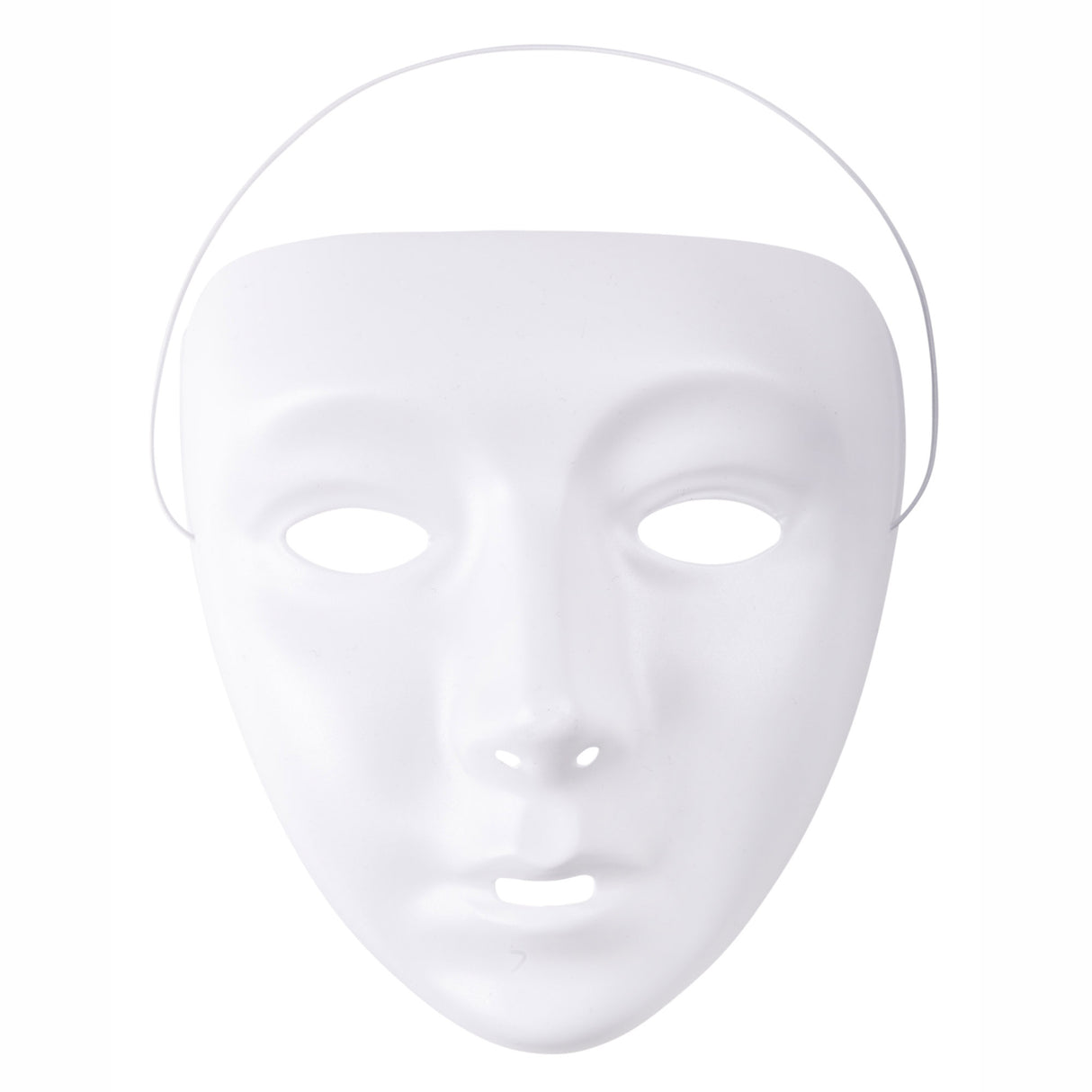 A plain white full-face mask with moulded facial features — brow, nose, lips, and eye openings — photographed against a white background. The Zart White Face Mask has a smooth finish and a clear elastic band attached for wearing.