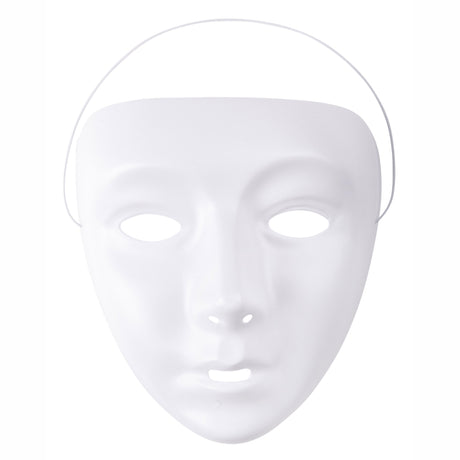 A plain white full-face mask with moulded facial features — brow, nose, lips, and eye openings — photographed against a white background. The Zart White Face Mask has a smooth finish and a clear elastic band attached for wearing.