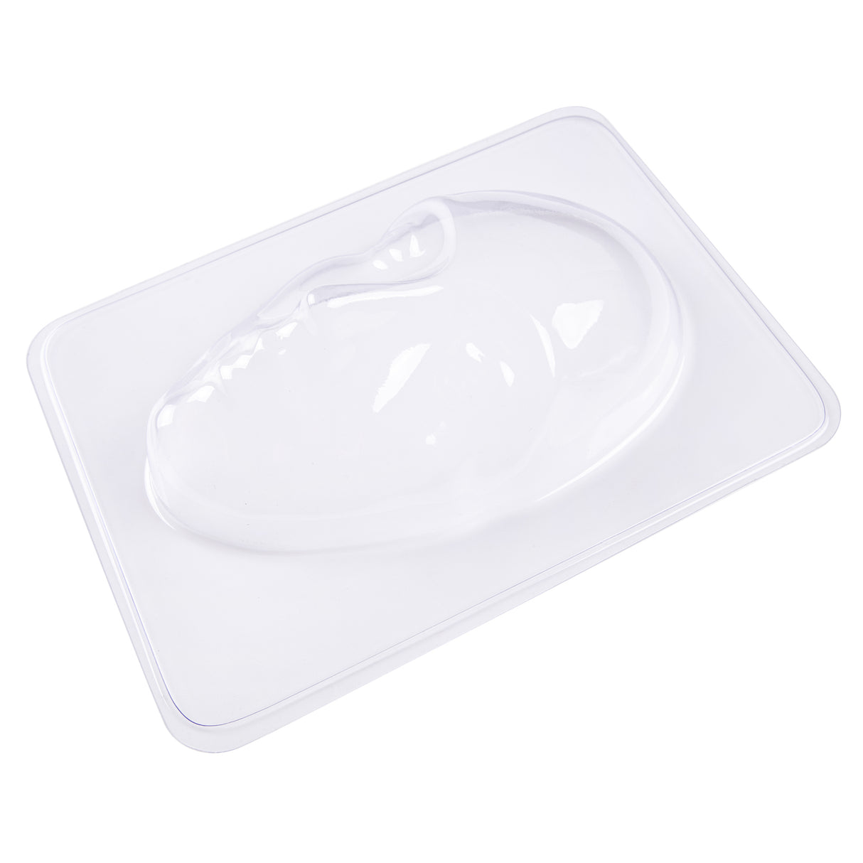 Clear plastic rectangular mould tray with raised relief of a human face in profile, featuring detailed facial features including nose, lips, eyes and forehead. The transparent mould is ideal for creating plaster or papier-mâché masks in art and craft projects.