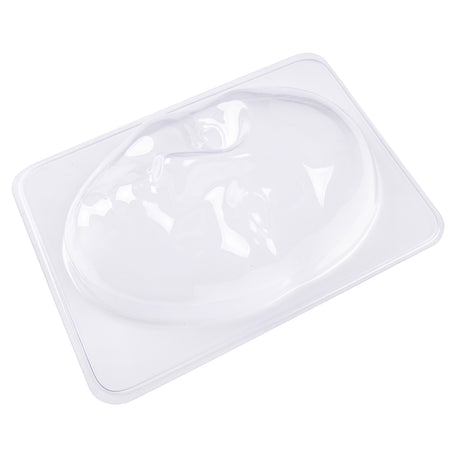 Clear plastic mask mould featuring a male face with defined features including eyes, nose, and mouth, set on a rectangular base. The translucent mould is designed for creating three-dimensional face masks and sculptural projects with papier-mâché or modelling materials.