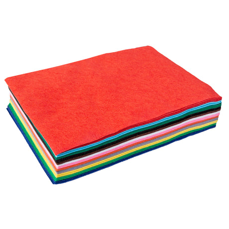A flat stack of Zart felt sheets viewed at an angle, with a red sheet on top and the striped edges of the layers beneath it visible along the front and side, including black, sky blue, dark green, brown, white, pink, orange, grey, yellow, green and navy.