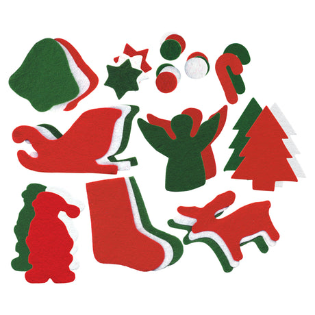An assortment of plain Zart Felt Christmas Shapes layered in red, green and white, including a bell, stars, circles, a candy cane, a sleigh, an angel, Christmas trees, Santa, a stocking and a reindeer, scattered together ready for embellishing and decorating.