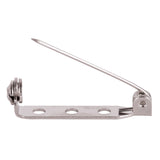 A single Zart Brooch Back shown from the side, silver-coloured metal with a long straight pin swinging open from a hinged coil, and a flat bar featuring three round pre-drilled holes for stitching or gluing onto craft pieces.