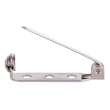A single Zart Brooch Back shown from the side, silver-coloured metal with a long straight pin swinging open from a hinged coil, and a flat bar featuring three round pre-drilled holes for stitching or gluing onto craft pieces.