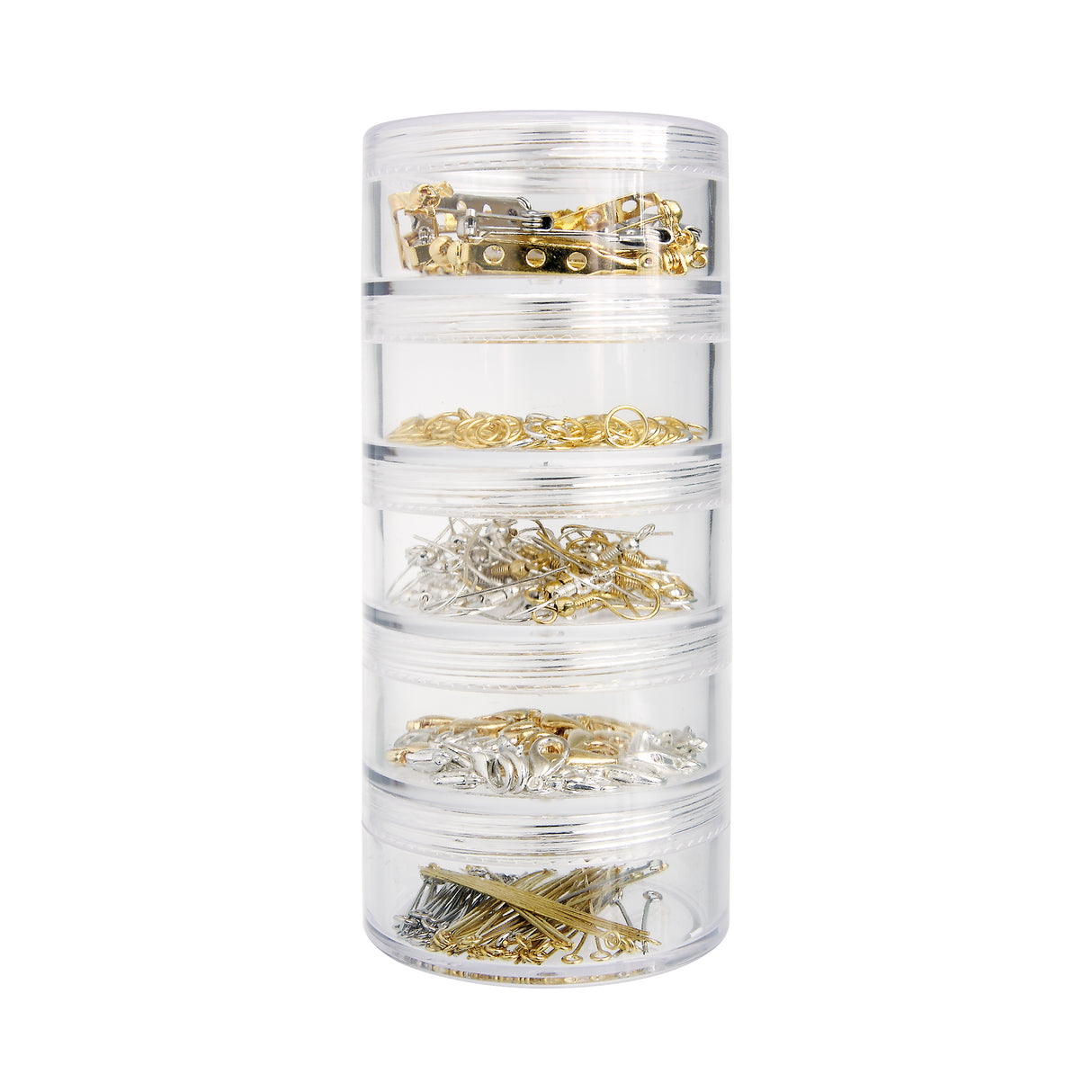 Zart Jewellery Findings Stackable Pack shown as a tower of five clear cylindrical screw-top containers, each filled with gold and silver metal findings. Contents visible through the clear walls include brooch backs, jump rings, shepherd hooks, parrot clasps, and eye pins in mixed silver and gold tones.