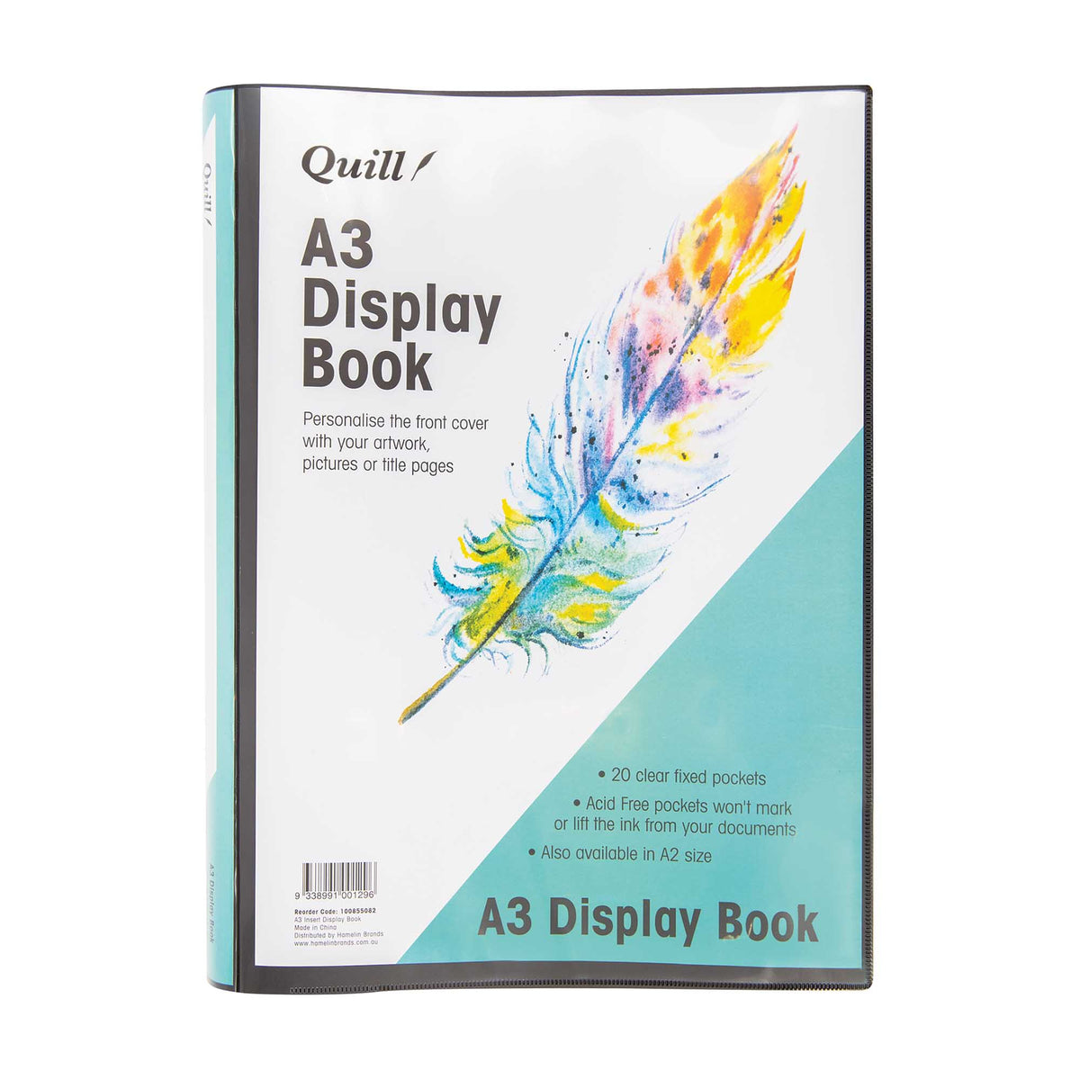Quill A3 Display Book shown upright in its clear insert cover. A watercolour feather in yellow, orange, blue and green sits on a white and teal design, with black text reading "Personalise the front cover with your artwork, pictures or title pages" and "20 clear fixed pockets". Black binding.