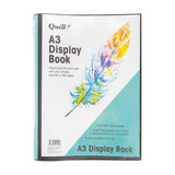 Quill A3 Display Book shown upright in its clear insert cover. A watercolour feather in yellow, orange, blue and green sits on a white and teal design, with black text reading "Personalise the front cover with your artwork, pictures or title pages" and "20 clear fixed pockets". Black binding.