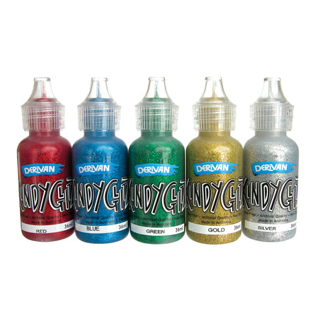 Five Kindyglitz glue bottles with fine-tip applicator nozzles lined up in a row, each showing a different sparkling glitter colour through its clear plastic bottle: red, blue, green, gold and silver, labelled with matching colour names on white bands near the base.