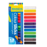 Colour Slicks Classroom Pack by Zart showing 12 assorted paint sticks arranged beside the packaging. Sticks are shown in a vertical gradient from white, yellow and oranges through pinks, purples, blues, greens and browns. Packaging displays “12 Assorted Colours”.