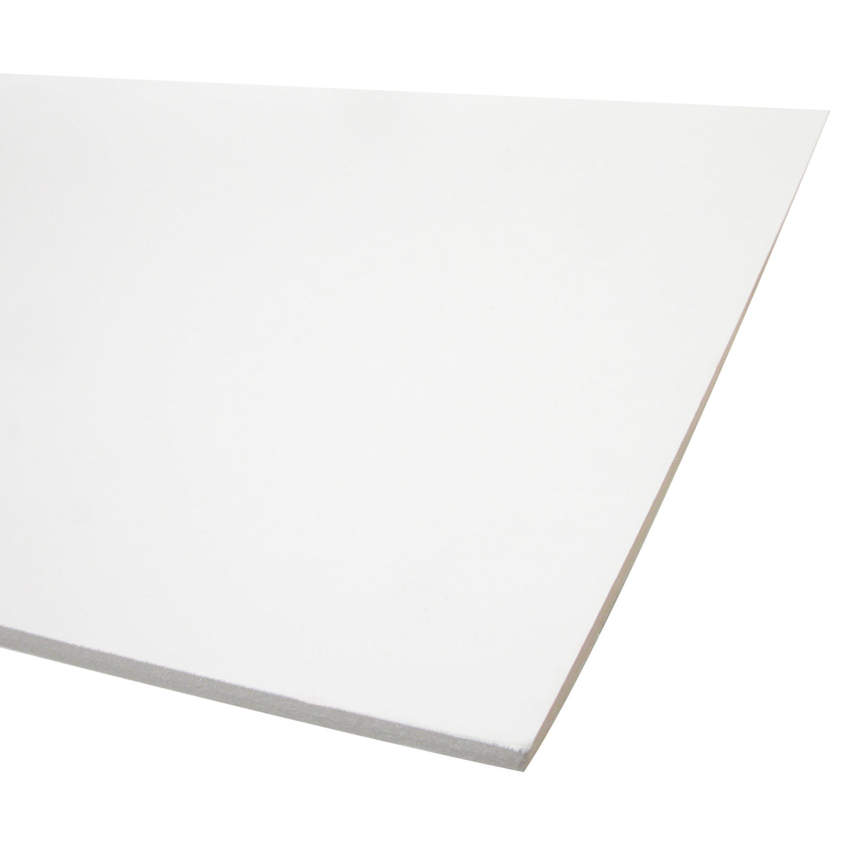 A single sheet of Zart Foam Core Board White shown at an angle against a white background. The smooth white surface and one corner are visible, with the edge showing a white-coated finish over the foam core layer beneath.