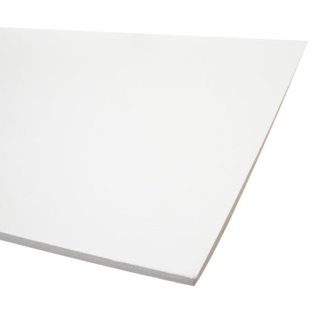 A single sheet of Zart Foam Core Board White shown at an angle against a white background. The smooth white surface and one corner are visible, with the edge showing a white-coated finish over the foam core layer beneath.